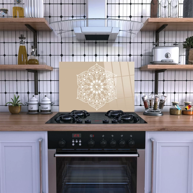 Decovetro Ocak Arkası Koruyucu Cam Çiçek Mandala Desenli 76x50cm