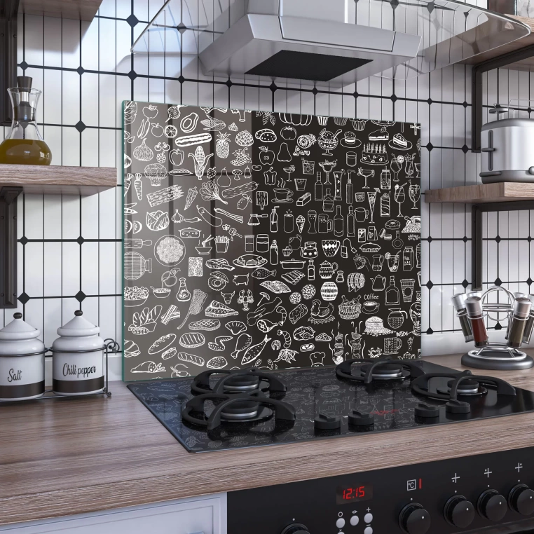 Decovetro Ocak Arkası Koruyucu Cam Karışık Yiyecek İçecek Desenli 60x52cm