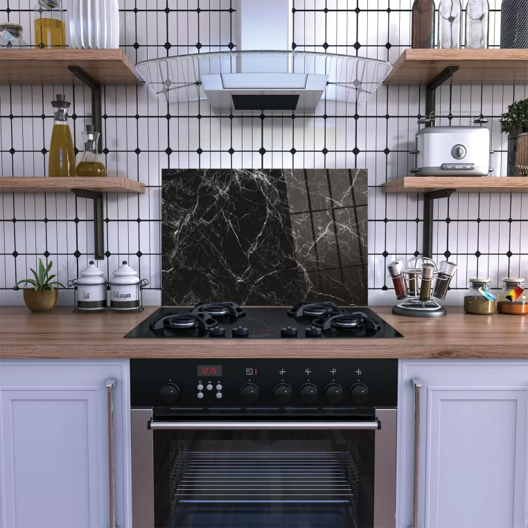 Decovetro Ocak Arkası Koruyucu Cam Siyah Mermer Desenli 60x40cm
