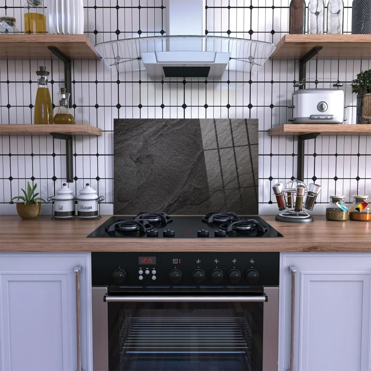 Decovetro Ocak Arkası Koruyucu Cam Siyah Taş Desenli 76x50cm