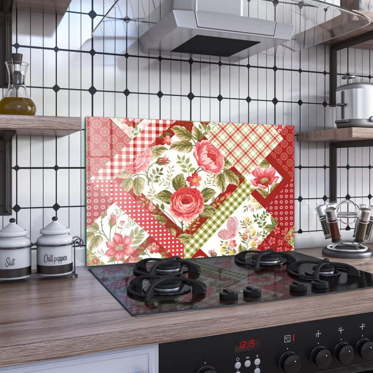 Decovetro Ocak Arkası Koruyucu Kırmızı Retro Gül Desenli 60x40cm
