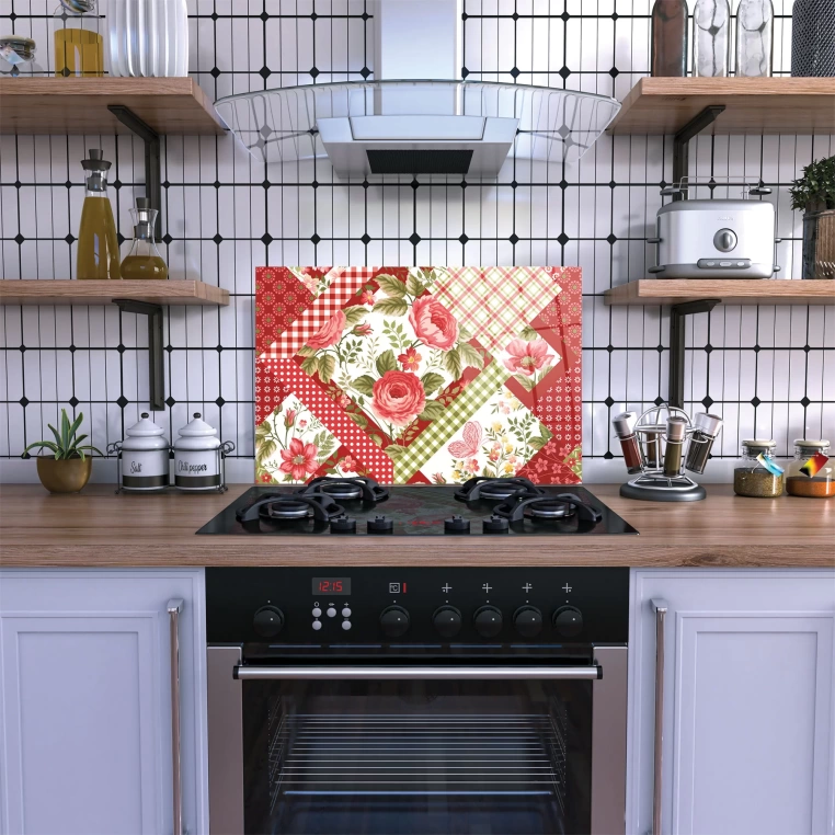 Decovetro Ocak Arkası Koruyucu Kırmızı Retro Gül Desenli 60x40cm