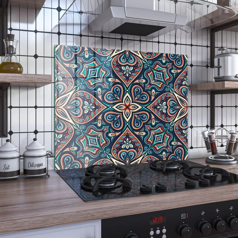 Decovetro Ocak Arkası Koruyucu Mavi Yapraklı Çini Desenli 60x52cm