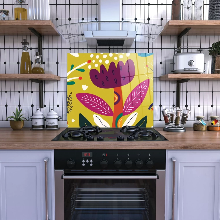 Decovetro Ocak Arkası Koruyucu Renkli Çiçek Desenli 60x52cm