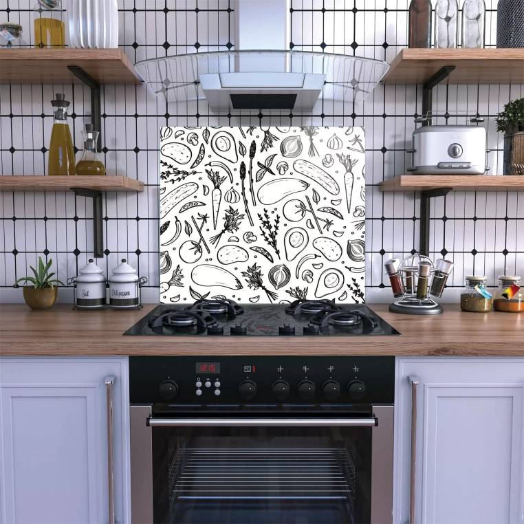Decovetro Ocak Arkası Koruyucu Siyah Beyaz Sebze Desenli 60x52cm