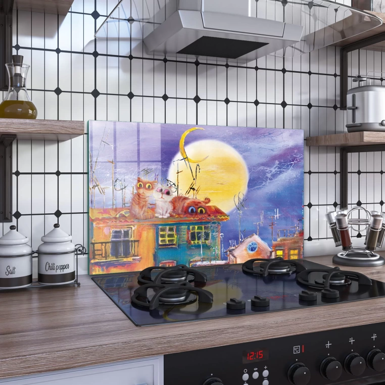 Decovetro Ocak Arkası Koruyucu Suluboya Kedi Desenli 76x50cm