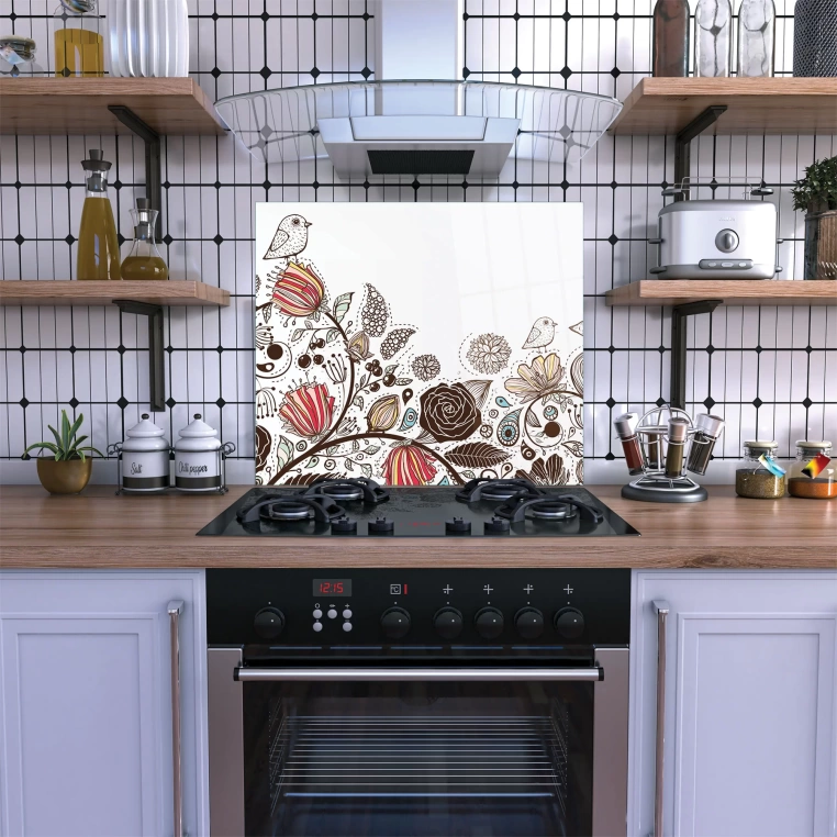 Decovetro Ocak Arkası Koruyucu Vintage Kuş Desenli 60x52cm