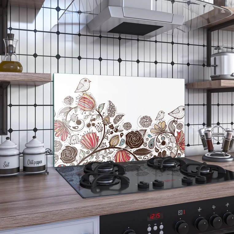 Decovetro Ocak Arkası Koruyucu Vintage Kuş Desenli 76x50cm