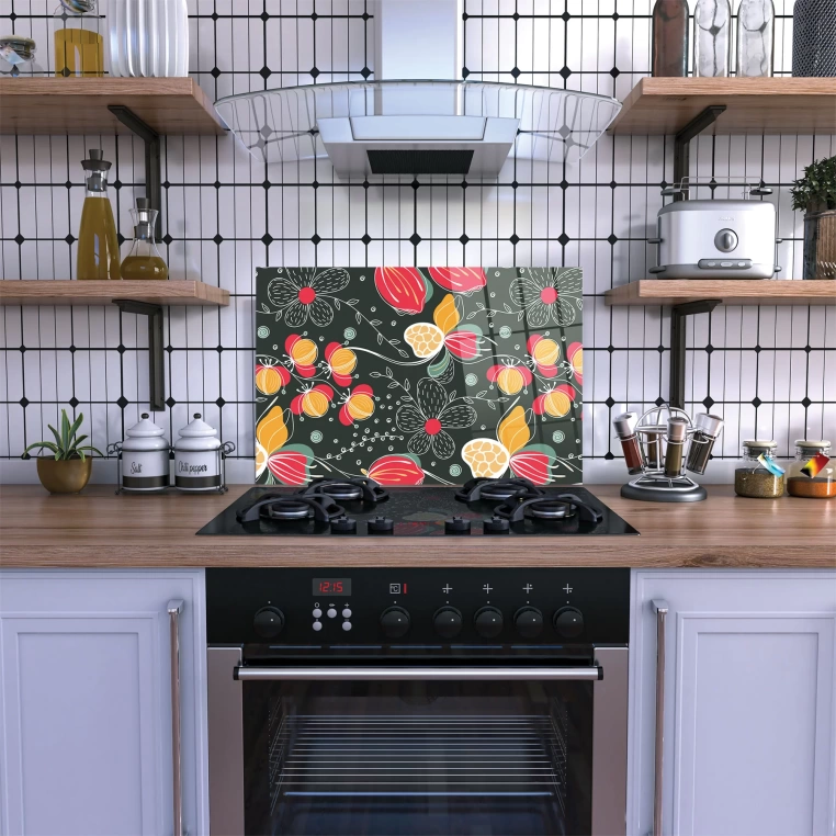 Decovetro Ocak Arkası Koruyucu Yeşil Çiçek Desenli 60x40cm