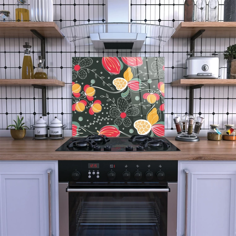 Decovetro Ocak Arkası Koruyucu Yeşil Çiçek Desenli 60x52cm