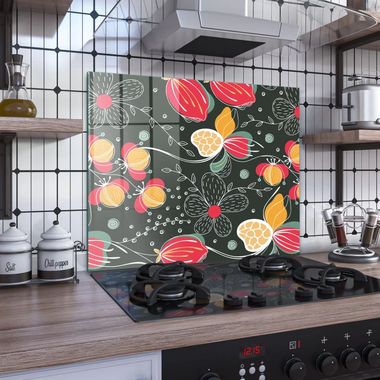 Decovetro Ocak Arkası Koruyucu Yeşil Çiçek Desenli 60x52cm