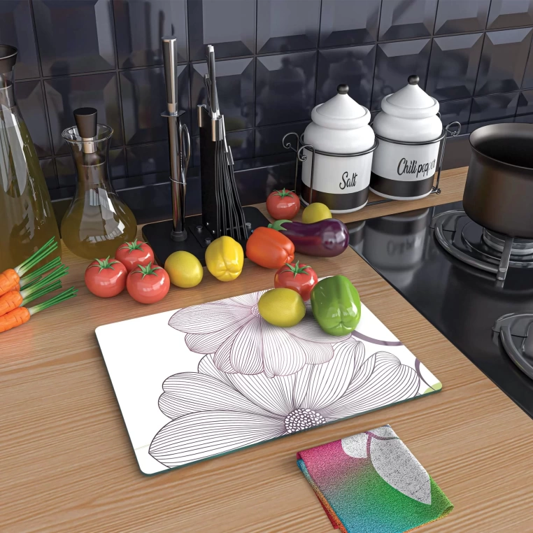 Decovetro Cam Kesme Tahtası Çizgi Çiçek Desenli 30x40 Cm