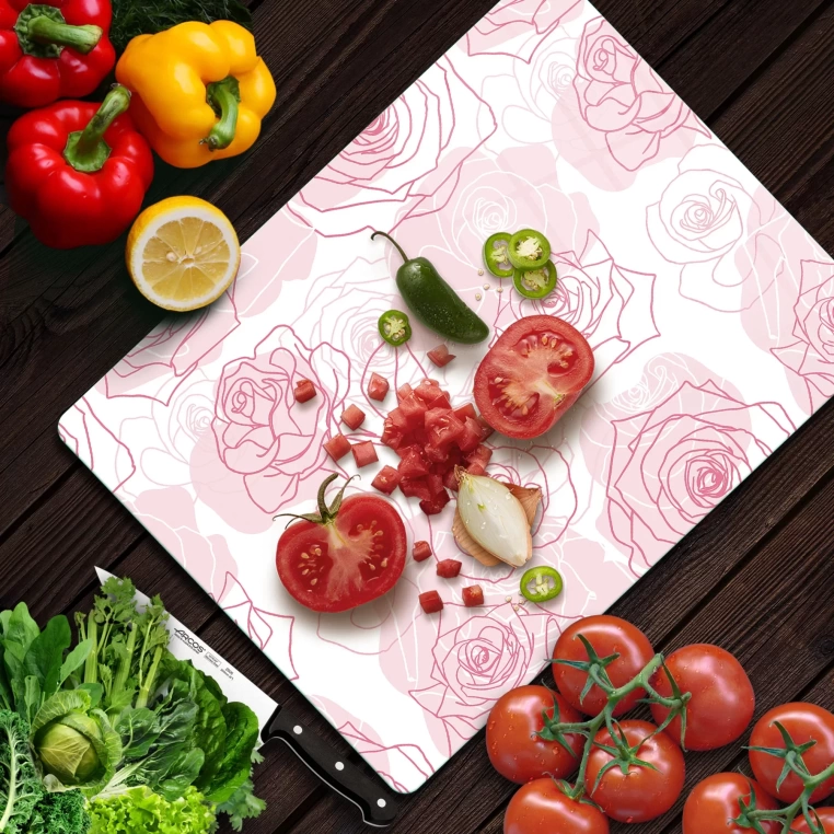 Decovetro Cam Kesme Tahtası Çizgi Pembe Gül Desenli 20x30 Cm