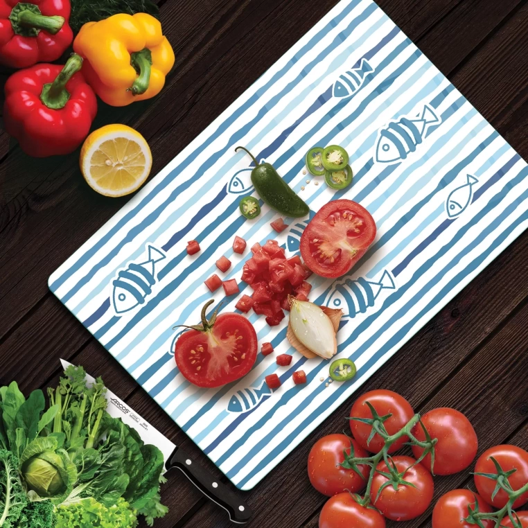 Decovetro Cam Kesme Tahtası Marine Blue Fish Line 20x30 Cm