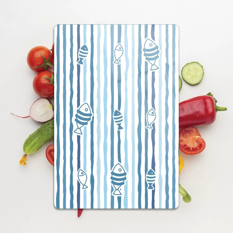 Decovetro Cam Kesme Tahtası Marine Blue Fish Line 20x30 Cm