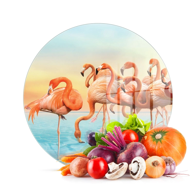 Decovetro Cam Kesme Tahtası Yuvarlak Flamingo Desenli 30x30 Cm