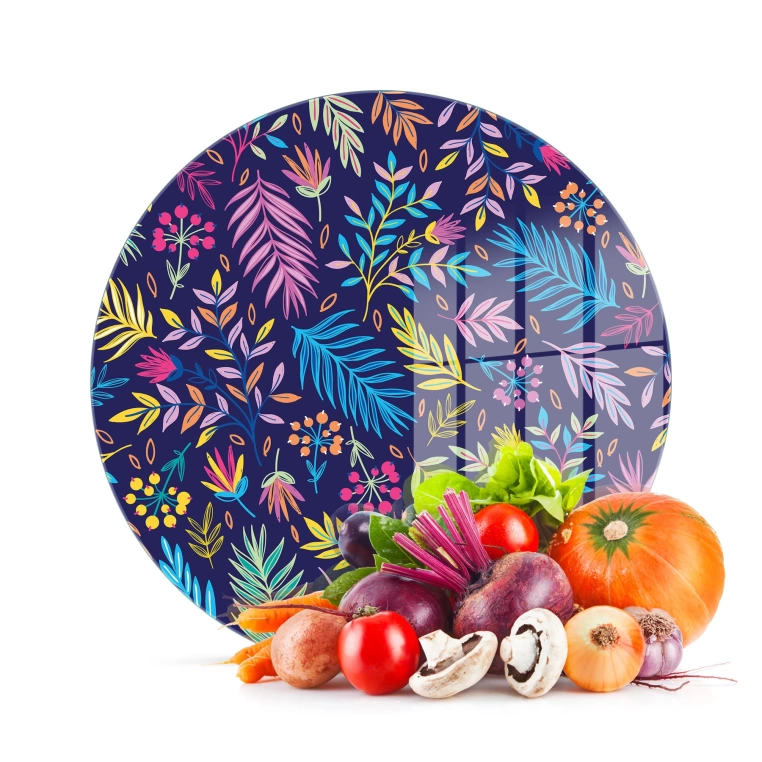 Decovetro Cam Kesme Tahtası Yuvarlak Renkli Yaprak Desenli 30x30 Cm