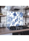 Decovetro Ocak Arkası Koruyucu Mavi Çini Çiçek Desenli 60x52cm