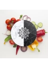 Decovetro Cam Kesme Tahtası ve Sunumluk Yuvarlak Siyah Beyaz Mermer Kar Tanesi Desenli 30x30 cm