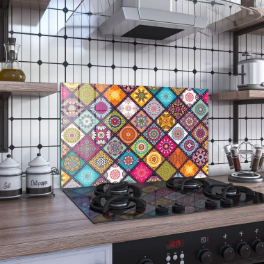 Decovetro Ocak Arkası Koruyucu Cam Renkli Mandala Desenli 60x40cm