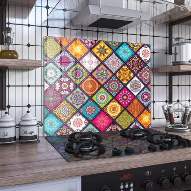 Decovetro Ocak Arkası Koruyucu Cam Renkli Mandala Desenli 60x52cm