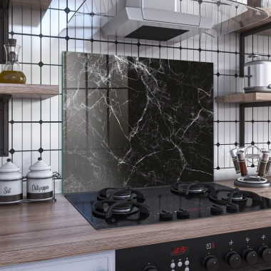Decovetro Ocak Arkası Koruyucu Cam Siyah Mermer Desenli 60x52cm