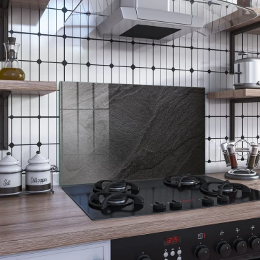 Decovetro Ocak Arkası Koruyucu Cam Siyah Taş Desenli 76x50cm