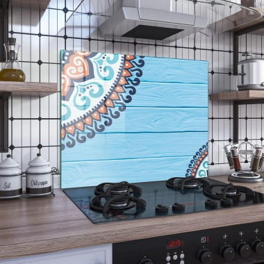 Decovetro Ocak Arkası Koruyucu Mavi Ahşap Desenli 60x52cm