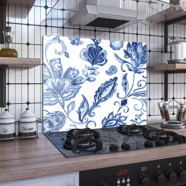 Decovetro Ocak Arkası Koruyucu Mavi Çini Çiçek Desenli 60x52cm