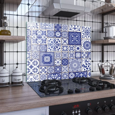 Decovetro Ocak Arkası Koruyucu Mavi Çini Kare Desenli 60x52cm