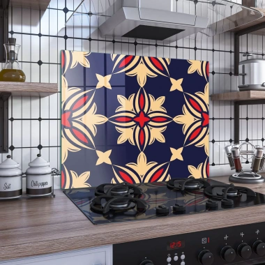 Decovetro Ocak Arkası Koruyucu Mavi Kırmızı Çini Desenli 60x52cm