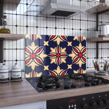 Decovetro Ocak Arkası Koruyucu Mavi Kırmızı Çini Desenli 76x50cm