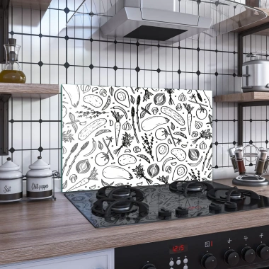 Decovetro Ocak Arkası Koruyucu Siyah Beyaz Sebze Desenli 60x40cm