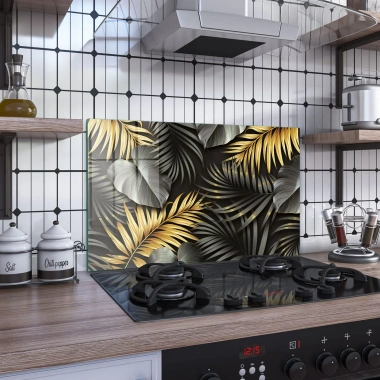 Decovetro Ocak Arkası Koruyucu Siyah Gold Yaprak Desenli 60x40cm