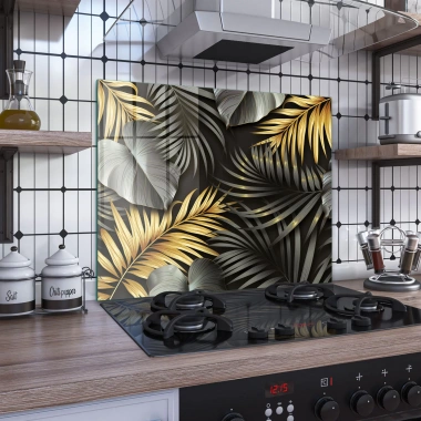 Decovetro Ocak Arkası Koruyucu Siyah Gold Yaprak Desenli 60x52cm