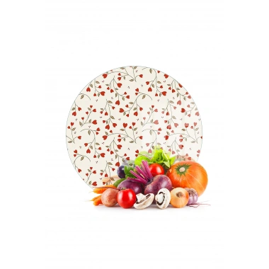 Decovetro Cam Kesme Tahtası ve Sunumluk Yuvarlak Love Serisi Minik Kalpler Desenli 30 x 30 cm