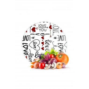 Decovetro Cam Kesme Tahtası ve Sunumluk Yuvarlak Love Serisi Yazı Desenli 30 x 30 cm