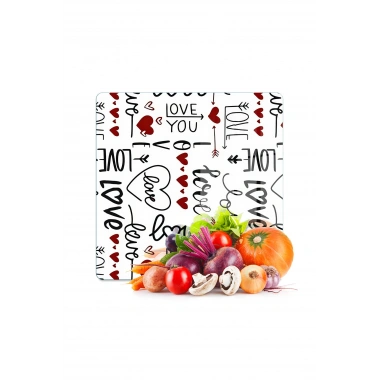 Decovetro Cam Kesme Tahtası ve Sunumluk Kare Love Serisi Yazı Desenli 30 x 30 cm