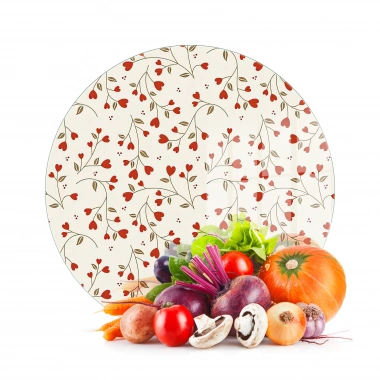 Decovetro Cam Kesme Tahtası ve Sunumluk Yuvarlak Love Serisi Minik Kalpler Desenli 30 x 30 cm