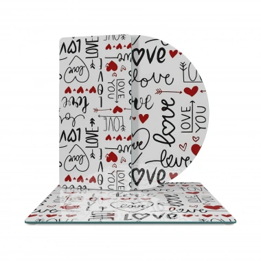 Decovetro Cam Sunum Servis Tabağı 3lü Karma Set Love Serisi Yazı Desenli