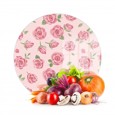 Decovetro Cam Kesme Tahtası ve Sunumluk Yuvarlak Love Serisi Gül Desenli 30 x 30 cm