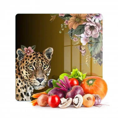 Decovetro Cam Kesme Tahtası ve Sunumluk Kare Tropik Leopar Desenli 30 x 30 cm