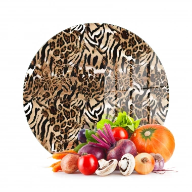 Decovetro Cam Kesme Tahtası ve Sunumluk Yuvarlak Leopar Desenli 30 x 30 cm