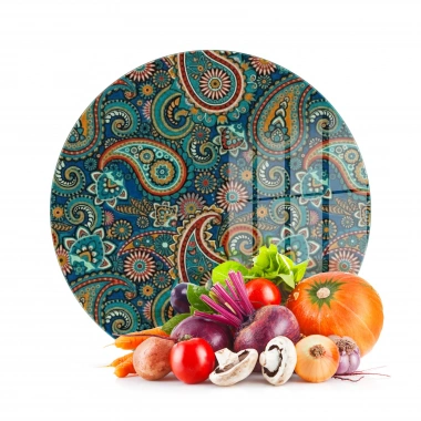 Decovetro Cam Kesme Tahtası ve Sunumluk Yuvarlak Şal Desenli 30 x 30 cm