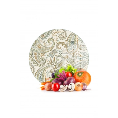 Decovetro Cam Kesme Tahtası ve Sunumluk Yuvarlak Şal Desenli 30 x 30 cm