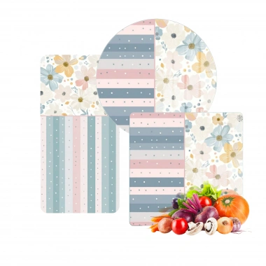 Decovetro Cam Sunum Servis Tabağı 3lü Karma Set Flower & Stripes Desenli