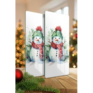 Decovetro Cam Kahve Sofra Sunum Tablası 2li Set Kardan Adam Desenli 30 x 15 cm