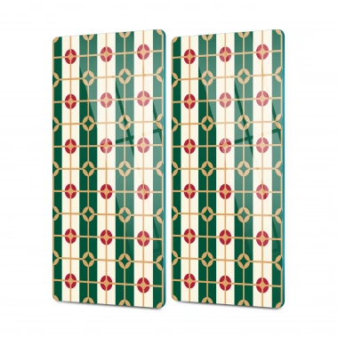 Decovetro Cam Kahve Sofra Sunum Tablası 2li Set Yeşil Beyaz Geometrik Desenli 30 x 15 cm