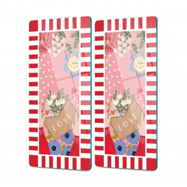 Decovetro Cam Kahve Sofra Sunum Tablası 2li Set Karışık Renkli Love Desenli 30 x 15 cm