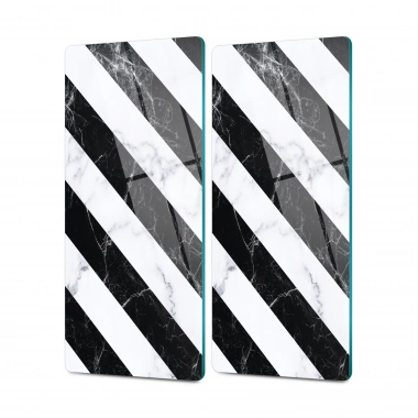 Decovetro Cam Kahve Sofra Sunum Tablası 2li Set Çarpraz Siyah Beyaz Mermer Desenli 30 x 15 cm